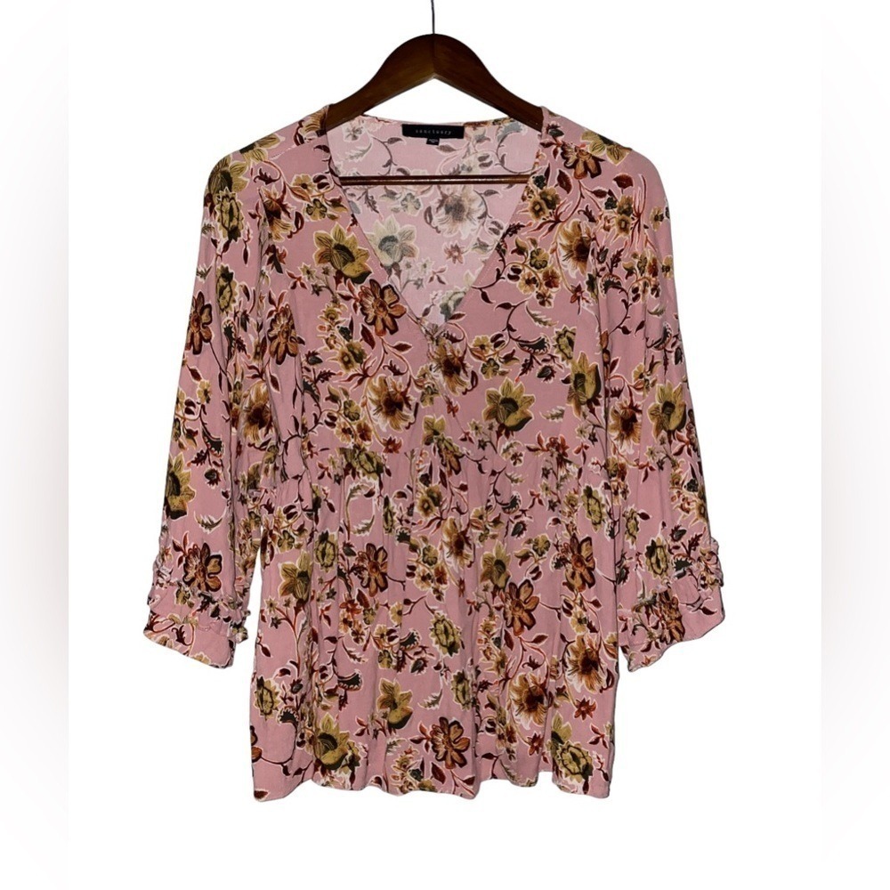 Sanctuary Women Medium Lace‎ Up Pink Floral Rayon 3/4 Sleeve Blouse